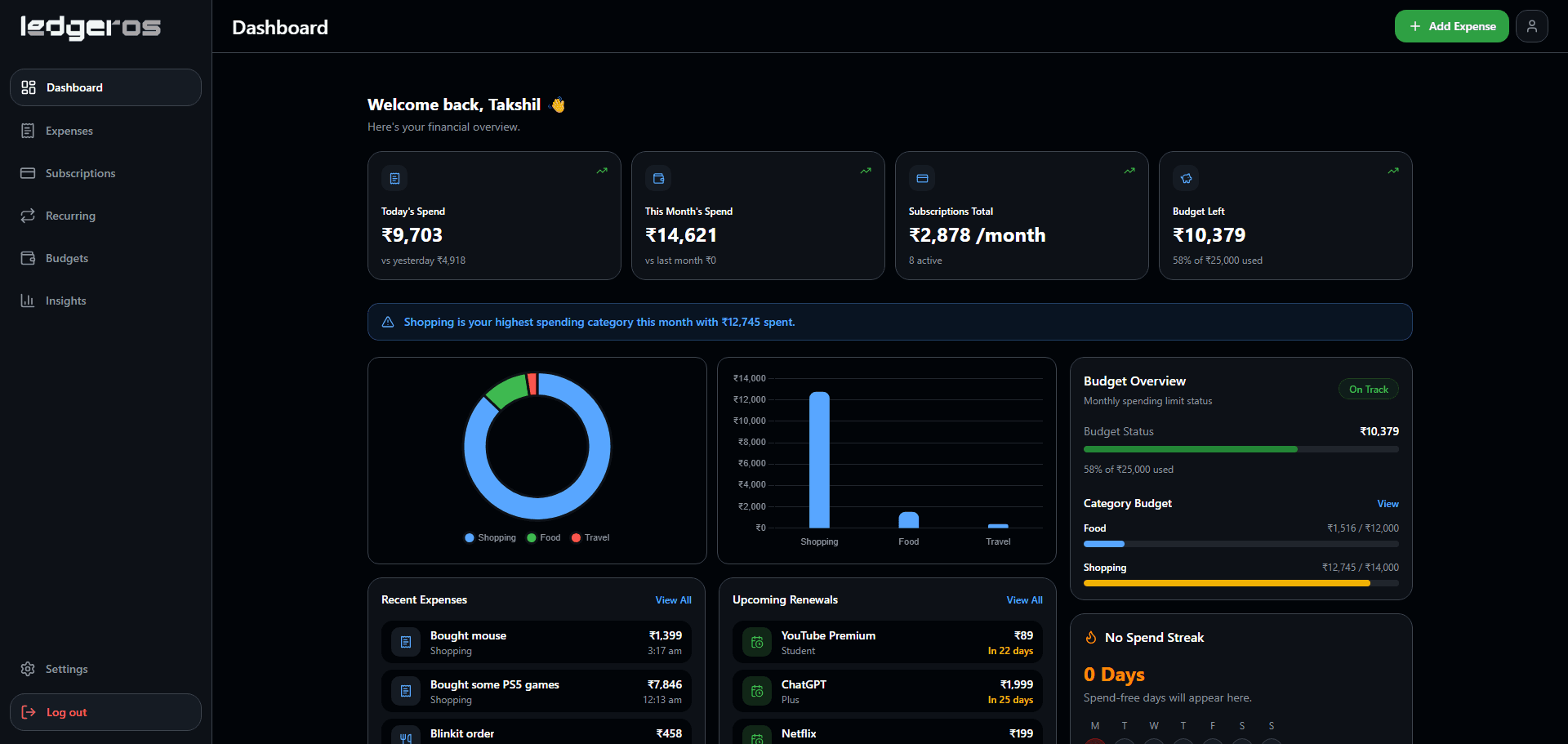LedgerOS - Dashboard overview